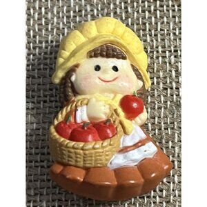 Vintage RUSS Girl With Basket Of Apples Pin Brooch Figurine